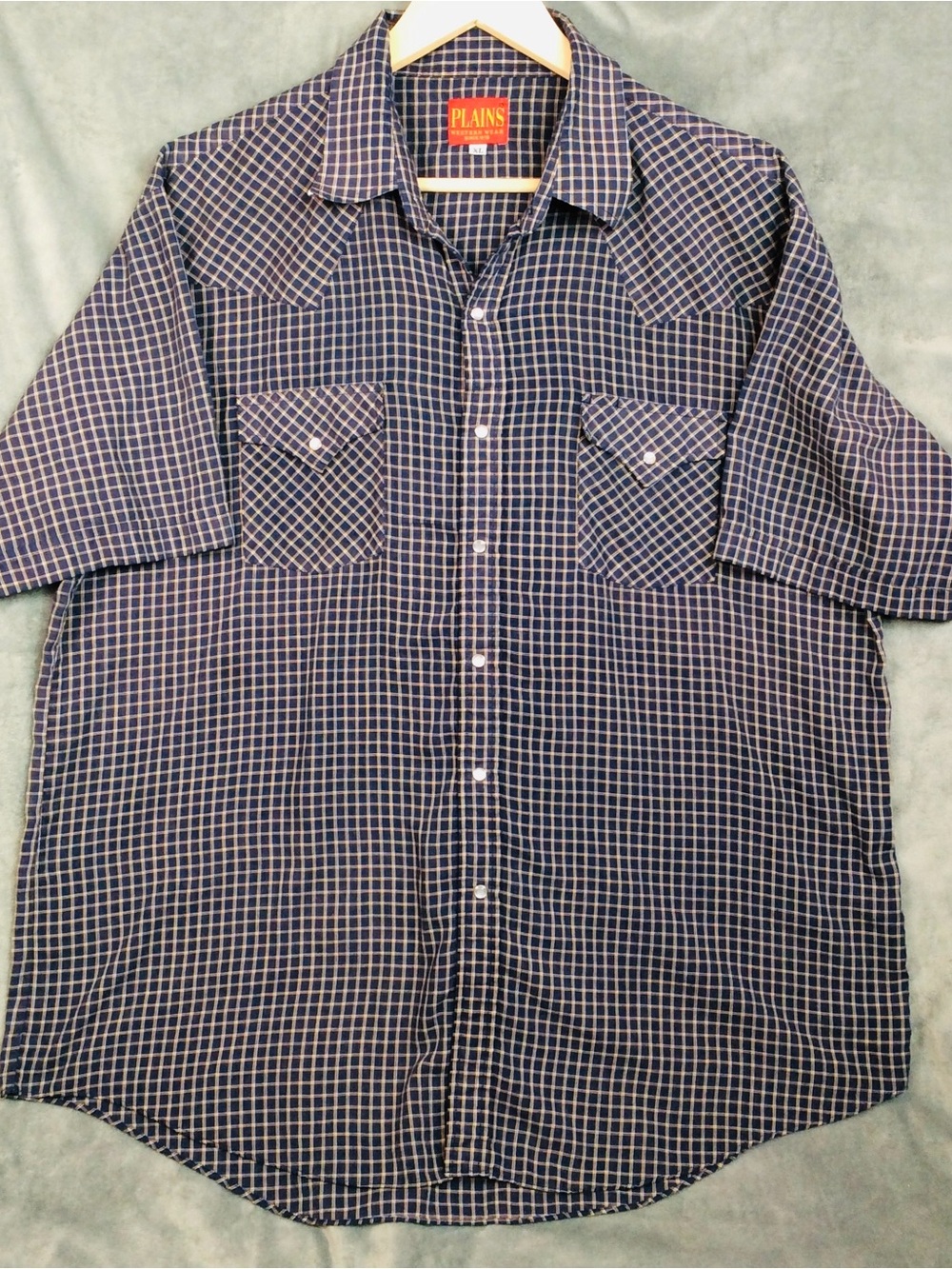Plains Western Wear Pearl Snap Navy Windowpane Short-Sleeve Men's Shirt